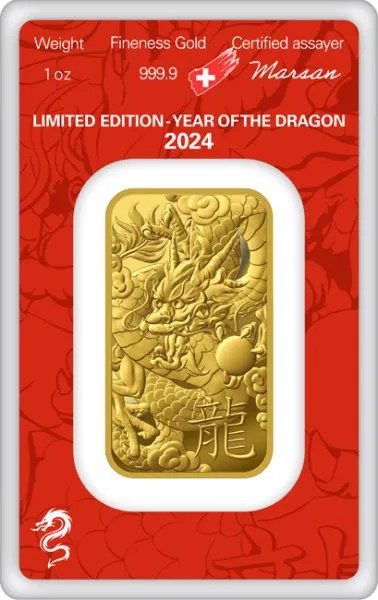 Gold Bar Argor Heraeus Dragon 1 oz  999.9/1000, 2024