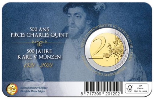 Belgien - 2 euro, Charles V (Carolus V), 2021 (coin card)