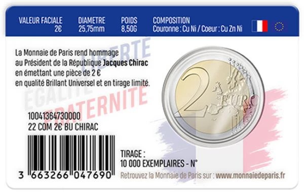 Γαλλία - 2 Ευρώ, Jacques Chirac, 2022 (coin card)