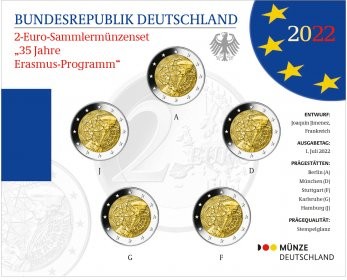 Deutschland – 2 Euro BU, ERASMUS PROGRAMME, 2022 (A,D,F,G,J)