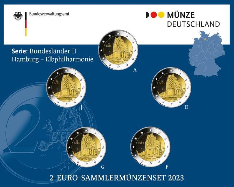 Germania - 2 Euro, Amburgo, Elbphilharmonie, 2023 (A,D,F,G,J)