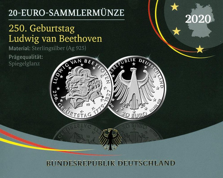 Allemagne - 20 Euro Argent ΒΕ, Ludwig van Beethoven, 2020