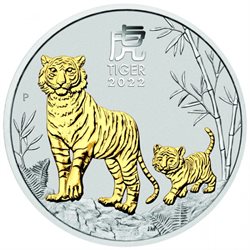 Australie - Piece d' argent 1 oz, Year of the Tiger, 2022 (Gilded...