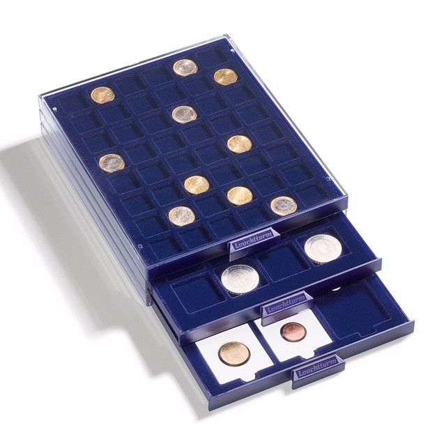 Coin box with 12 square compartments up to 50 mm O