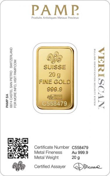 Gold Bar Pamp Fortuna 20 gramms 999.9/1000