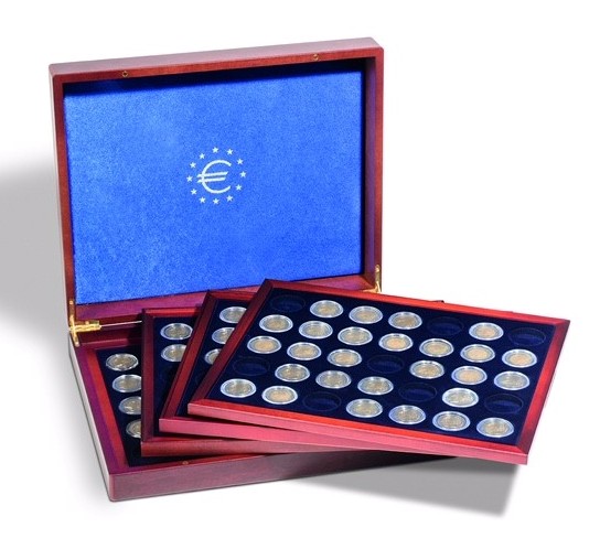 Coffret numismatique - 4 plateaux, pour 140 pieces de 2 euro sous capsules